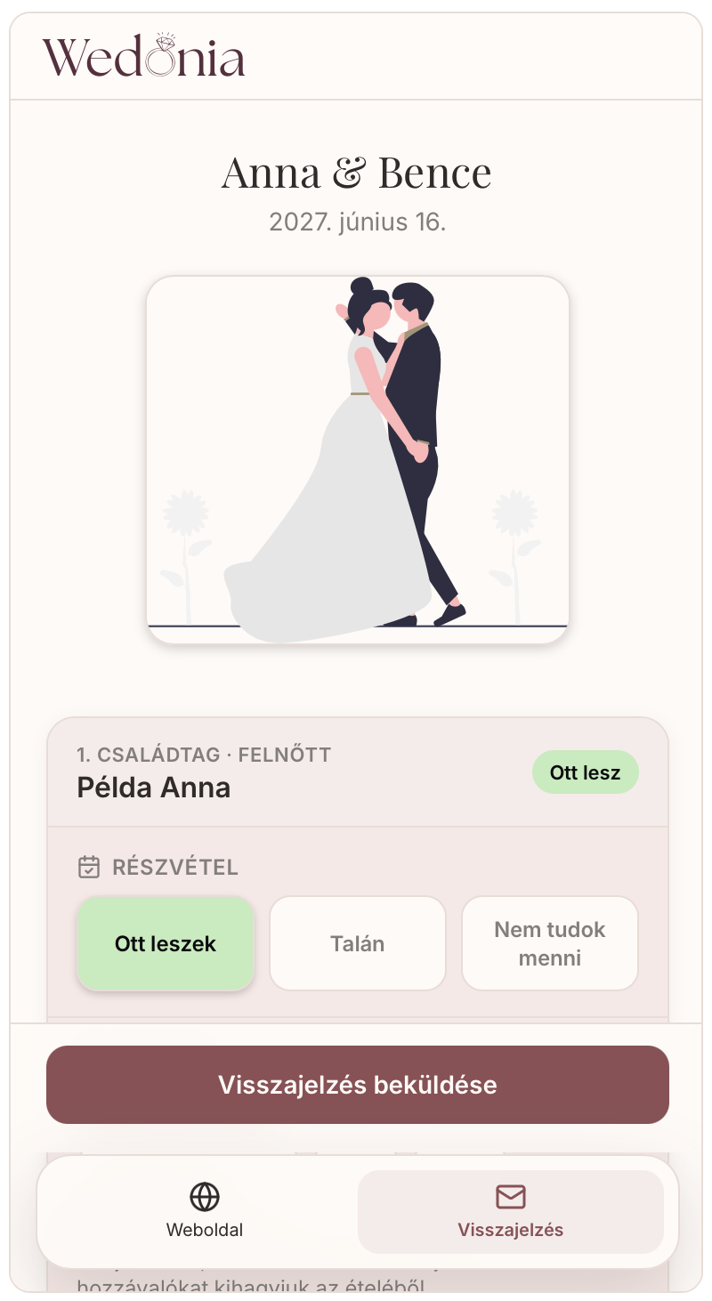 Anna és Bence esküvőjének vendégvisszajelző oldala telefonon